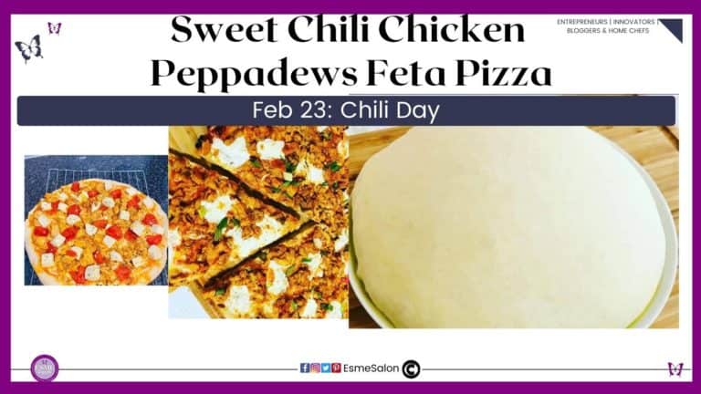 an image of Pizza dough and prepared South African Sweet Chili Chicken Peppadews Feta Pizza