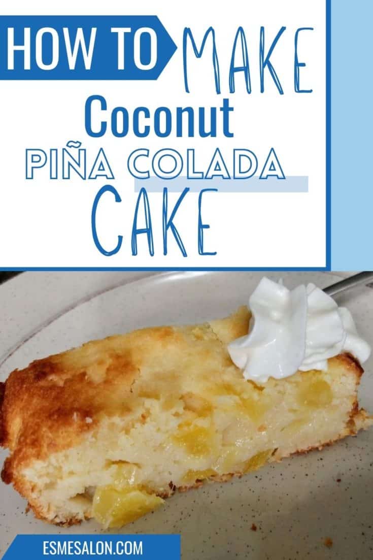 Coconut Piña Colada cake with a dollop of cream on white side plate