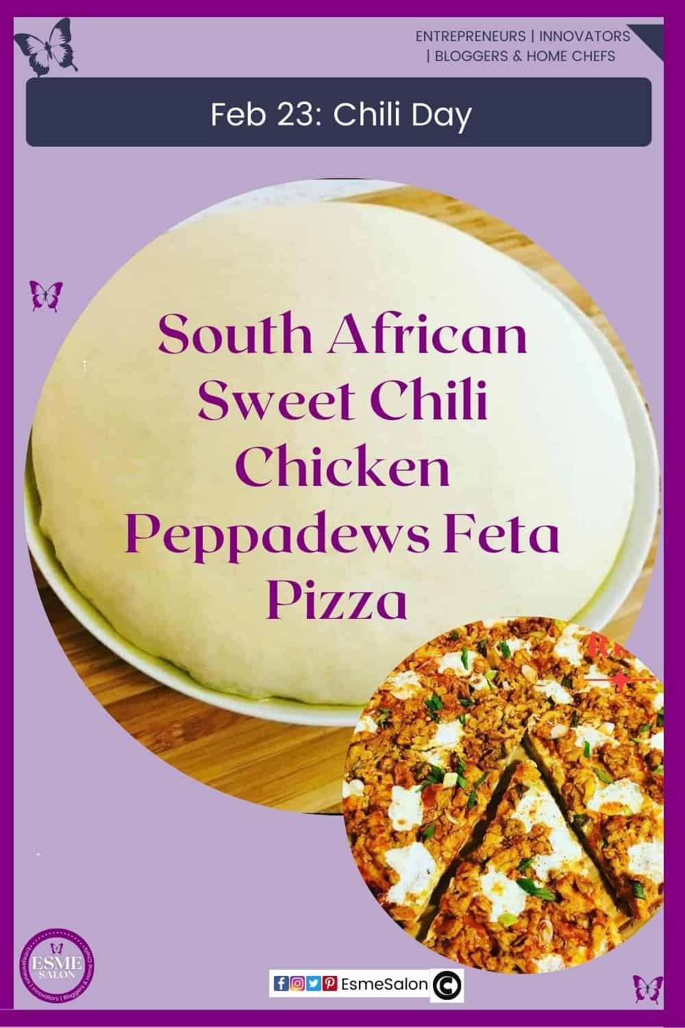 an image of Pizza dough and prepared South African Sweet Chili Chicken Peppadews Feta Pizza