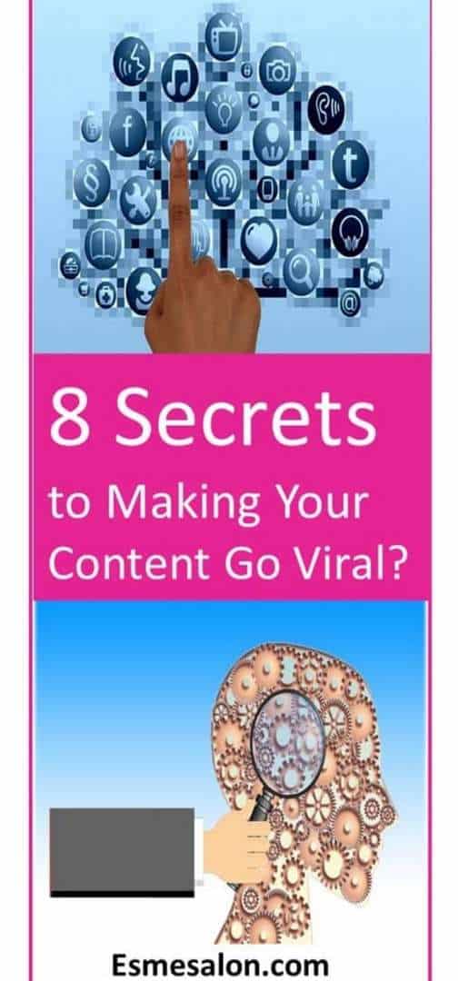 Social media images with forefinger pointing at website image on a blue background and center block in pink with writing: 8 Secrets to Makign your Content go viral and an image with cogs turning in an image of a head and a magnifying glass