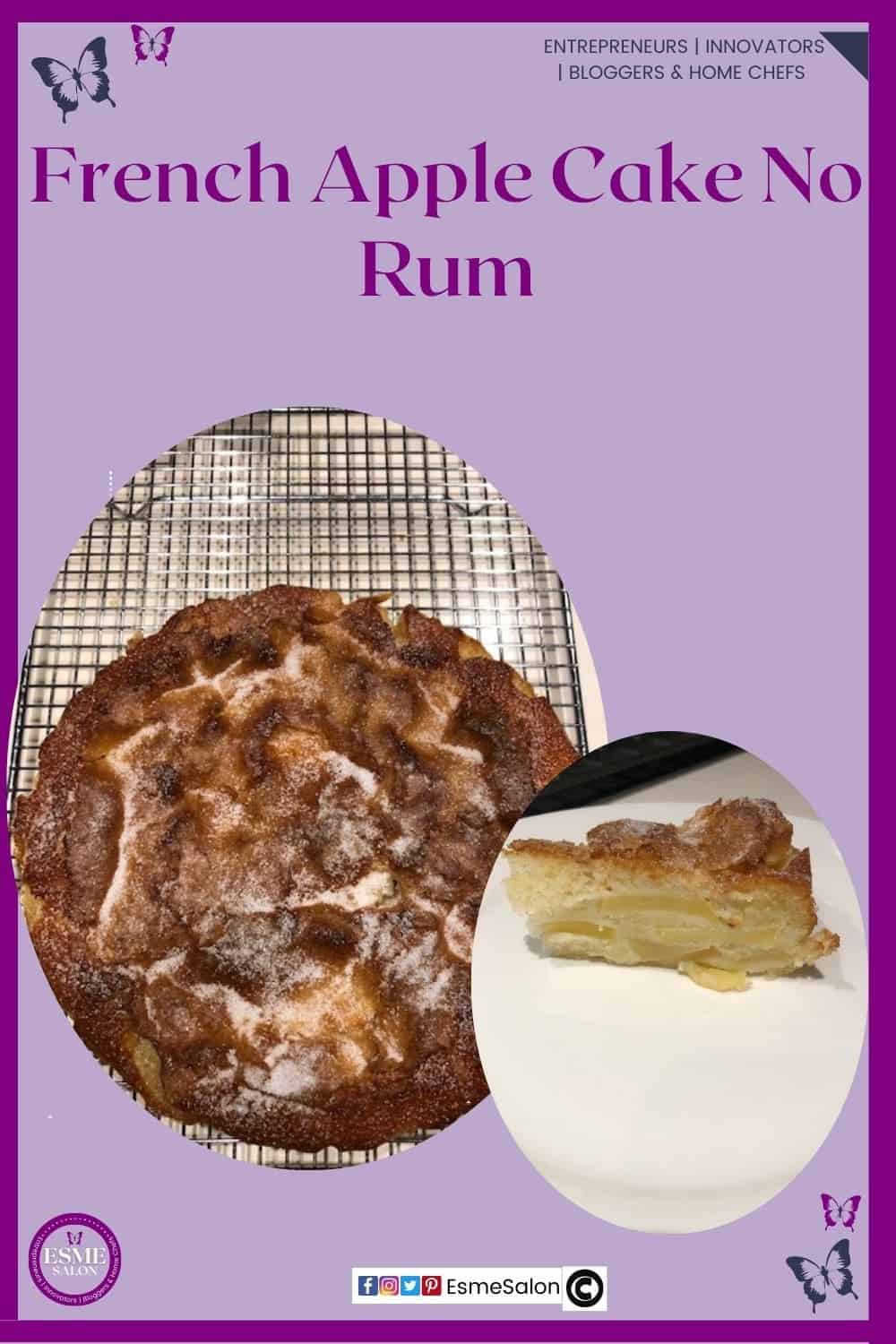 an image of a baked French Apple Cake as well as a slice on a white plate