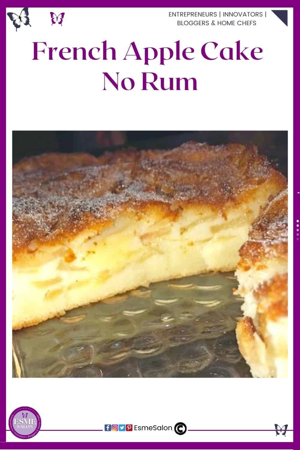 an image of a baked French Apple Cake on a glass platter