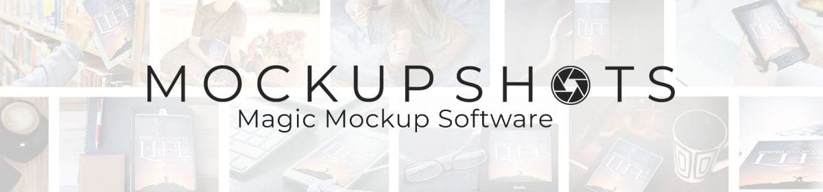 Mockupshots software logo. Very faded images in the background, not distinguishable with the words mockupshots magic mockup software written over it