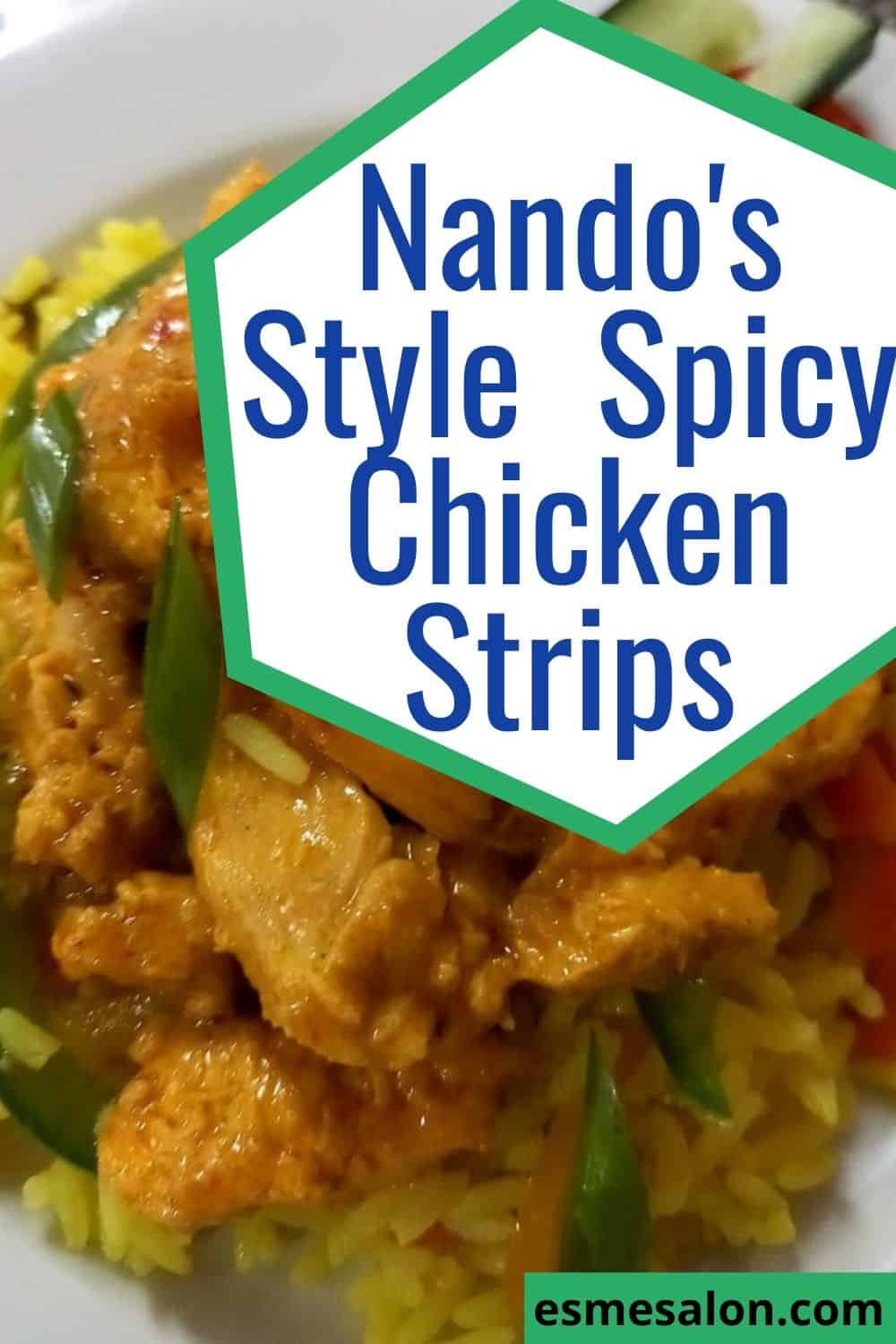 A bowl of Nando's Style Spicy Chicken Strips with yellow rice and slices spring onions
