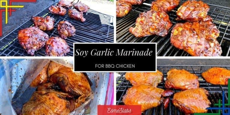 4 images of Chicken pieces on the BBQ grid with soy garlic marinade spread over it