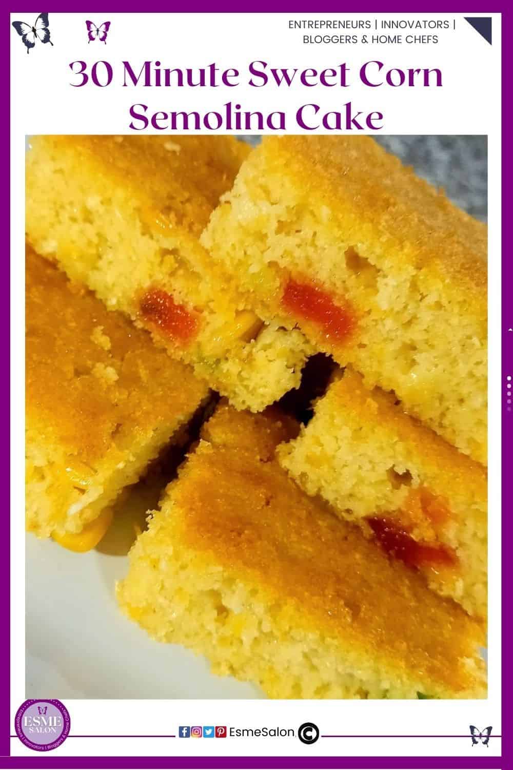 an image of cubes of Sweet Corn Semolina Cake and studded with cherries
