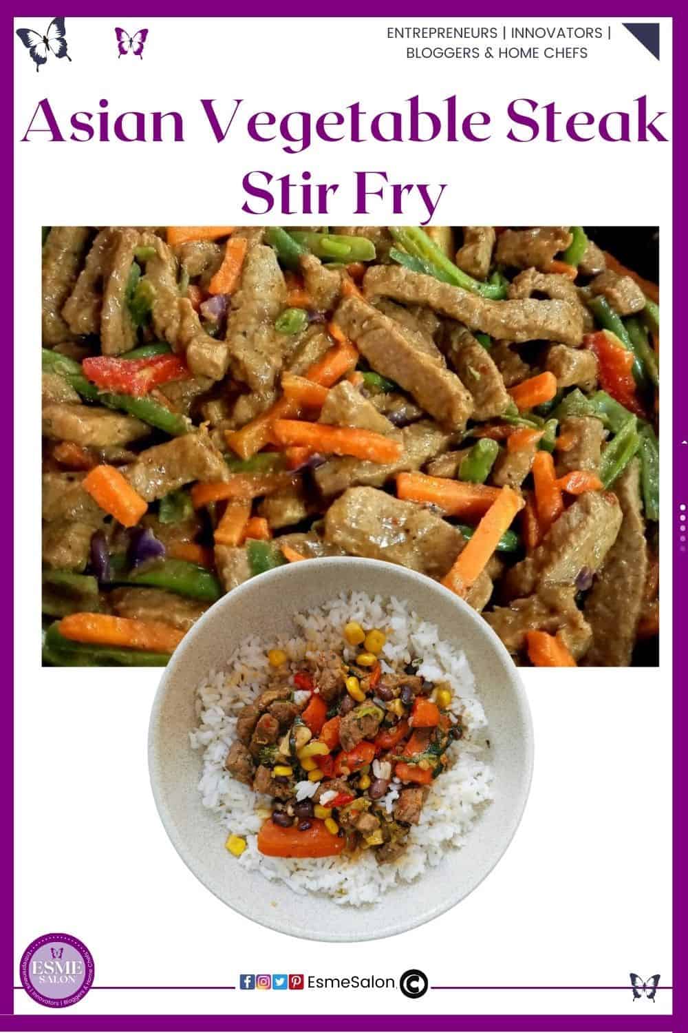 an image of a pan as well as a white bowl with rice filled with Asian Vegetable Steak Stir Fry