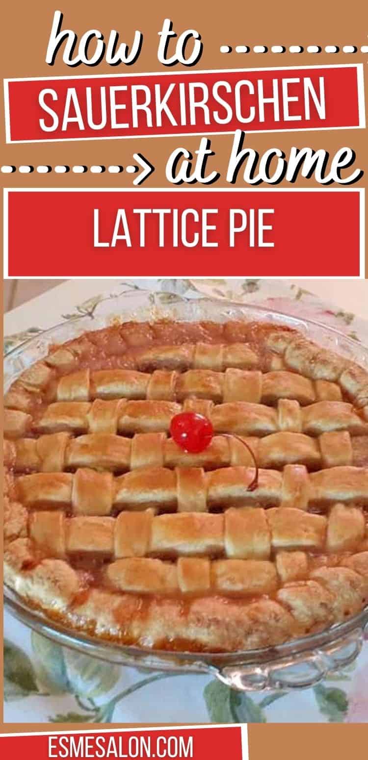 Sauerkirschen Lattice Pie with Cherry on top on a green leave patterned cloth