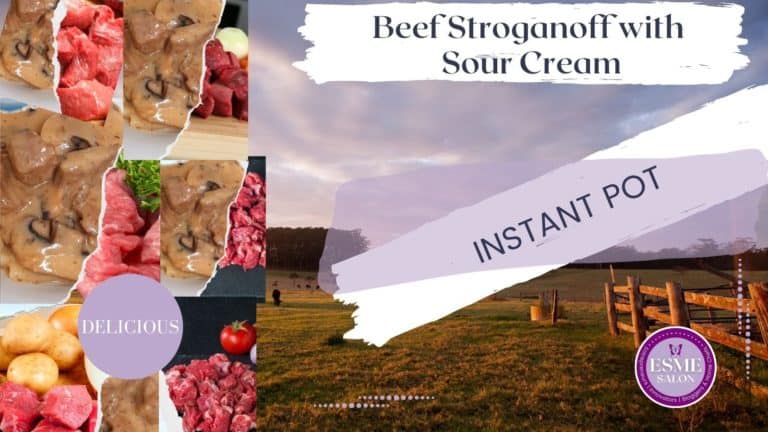 Beef Stroganoff with Sour Cream sauce, fresh potatoes, beef cubes and a farmland with wooden hedge