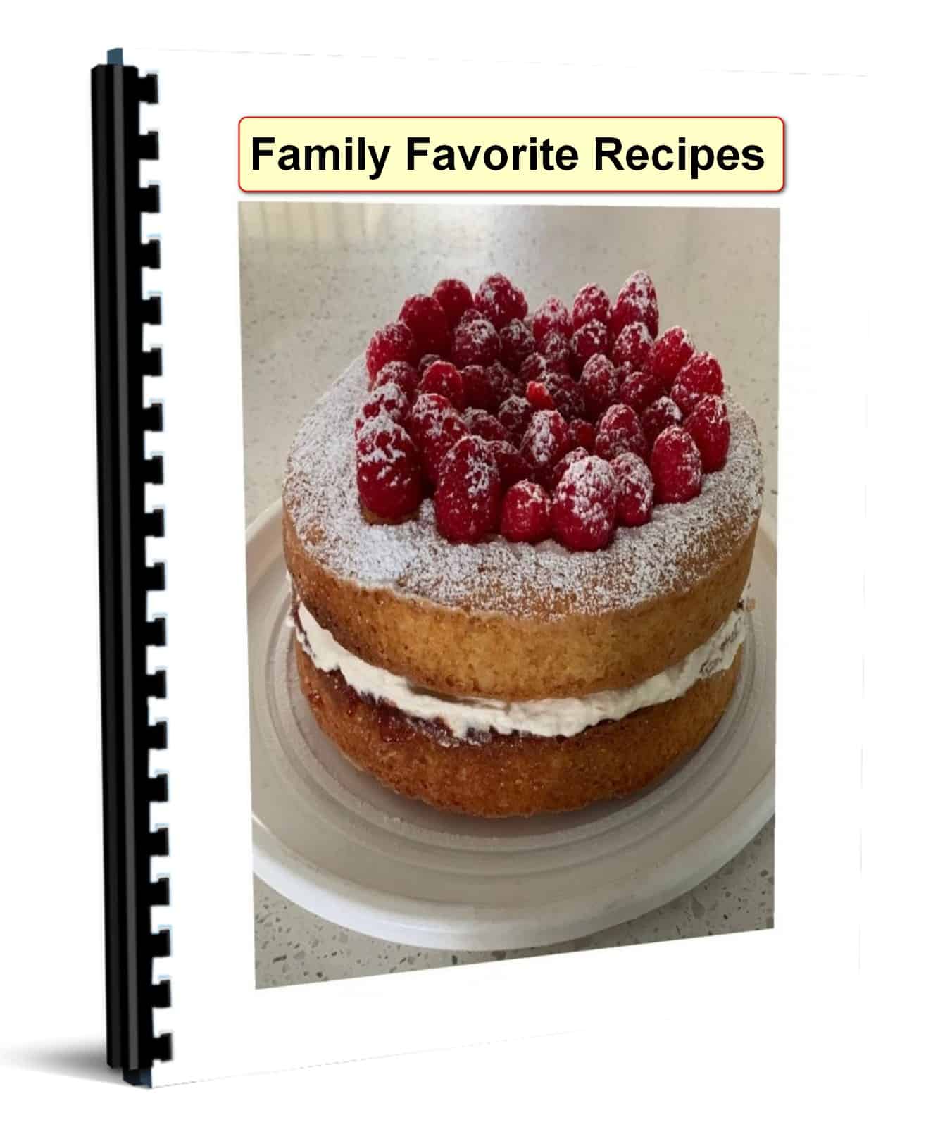 A cover page for a Recipe eBook with a double layer sponge cake and cream in the middle and berries with powdered sugar dusted over the top