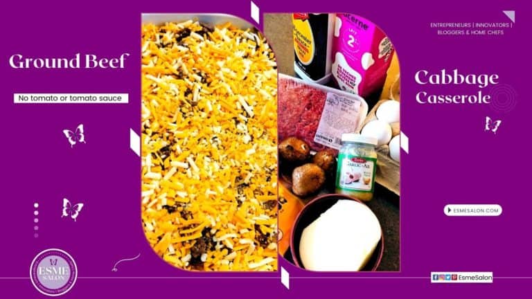 One pan Ground Beef Cabbage Casserole with cheese and mushrooms, garlic, eggs, onion, spices and a pink carton of milk on the side