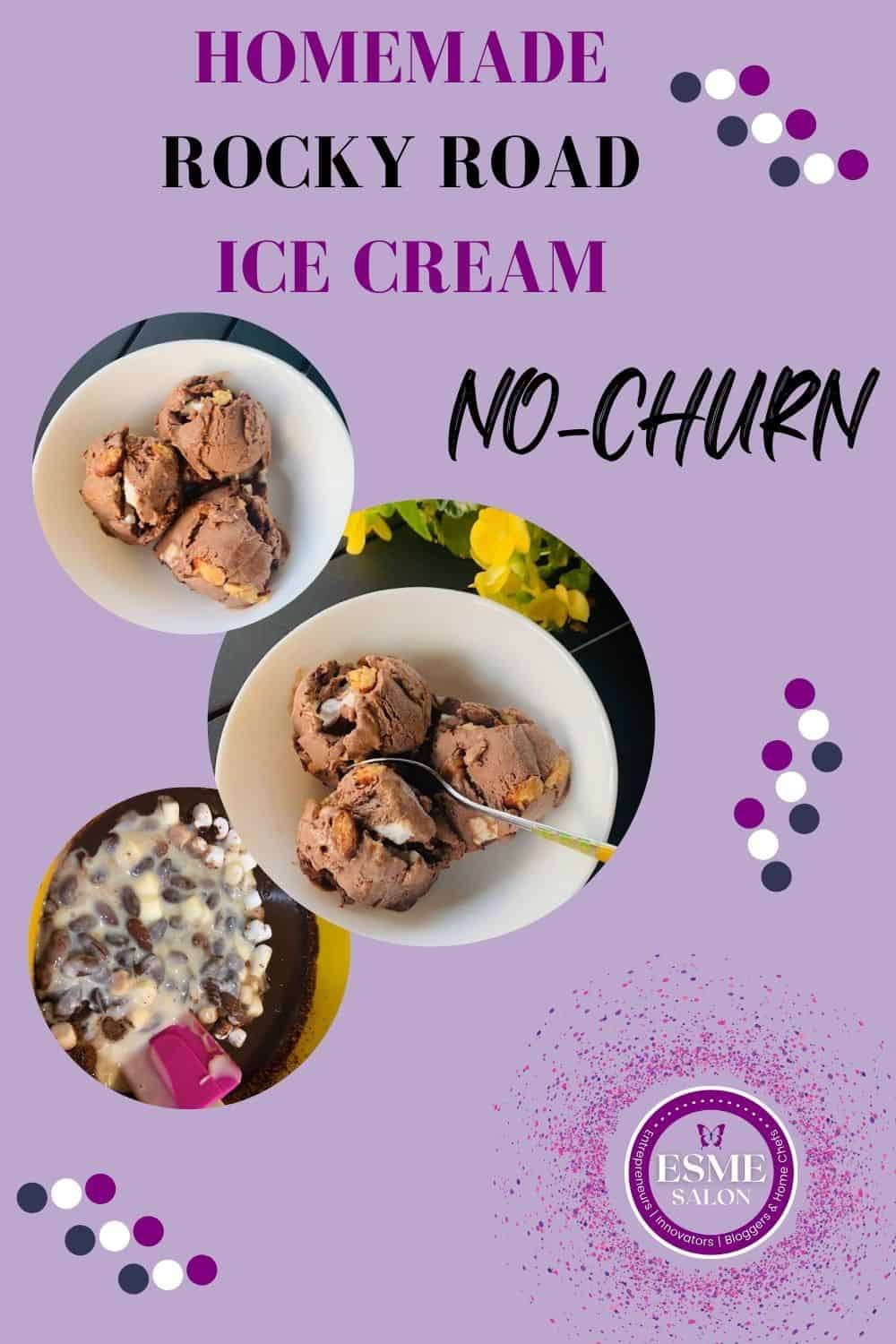 3 scoops of Rocky Road No-Churn Homemade Ice Cream in 2 white bowls sitting on a dark wooden table with yellow flowers on the side