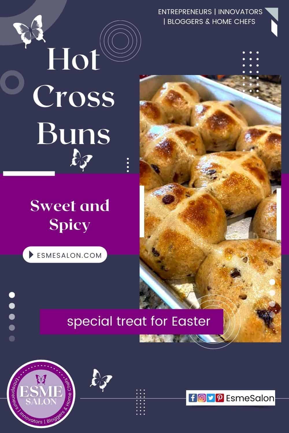 Hot Cross Buns for Easter studded with fruit in a baking tray