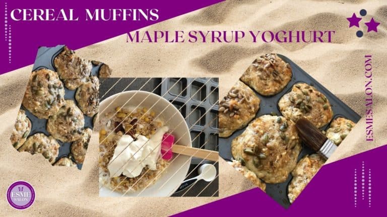 Cereal Maple Syrup Yoghurt Muffins in baking pan with a bowl of the ingredients in the center and pepitas and hone on the tops of the muffins