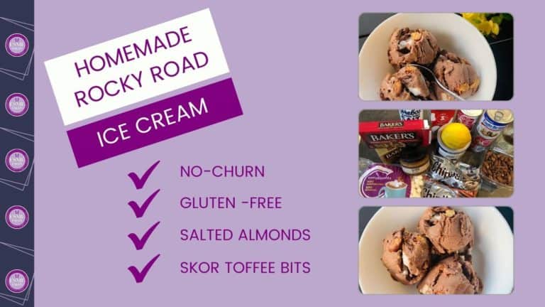 3 scoops of Rocky Road No-Churn Homemade Ice Cream in 2 white bowls sitting on a dark wooden table with yellow flowers on the side and all ingredients used, chocolate, chipets, nuts, condensed milk marshmallows, milk, salt and double cream