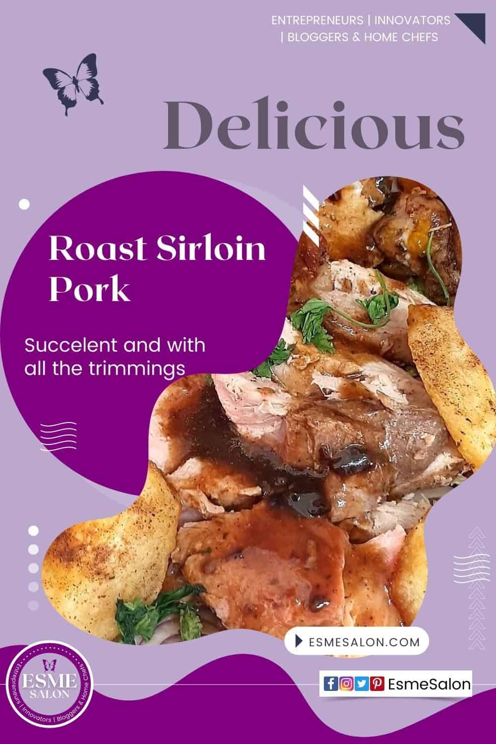 Slices of succulent Sirloin Pork roast with pumpkin and roasted potatoes and garnished with parsley