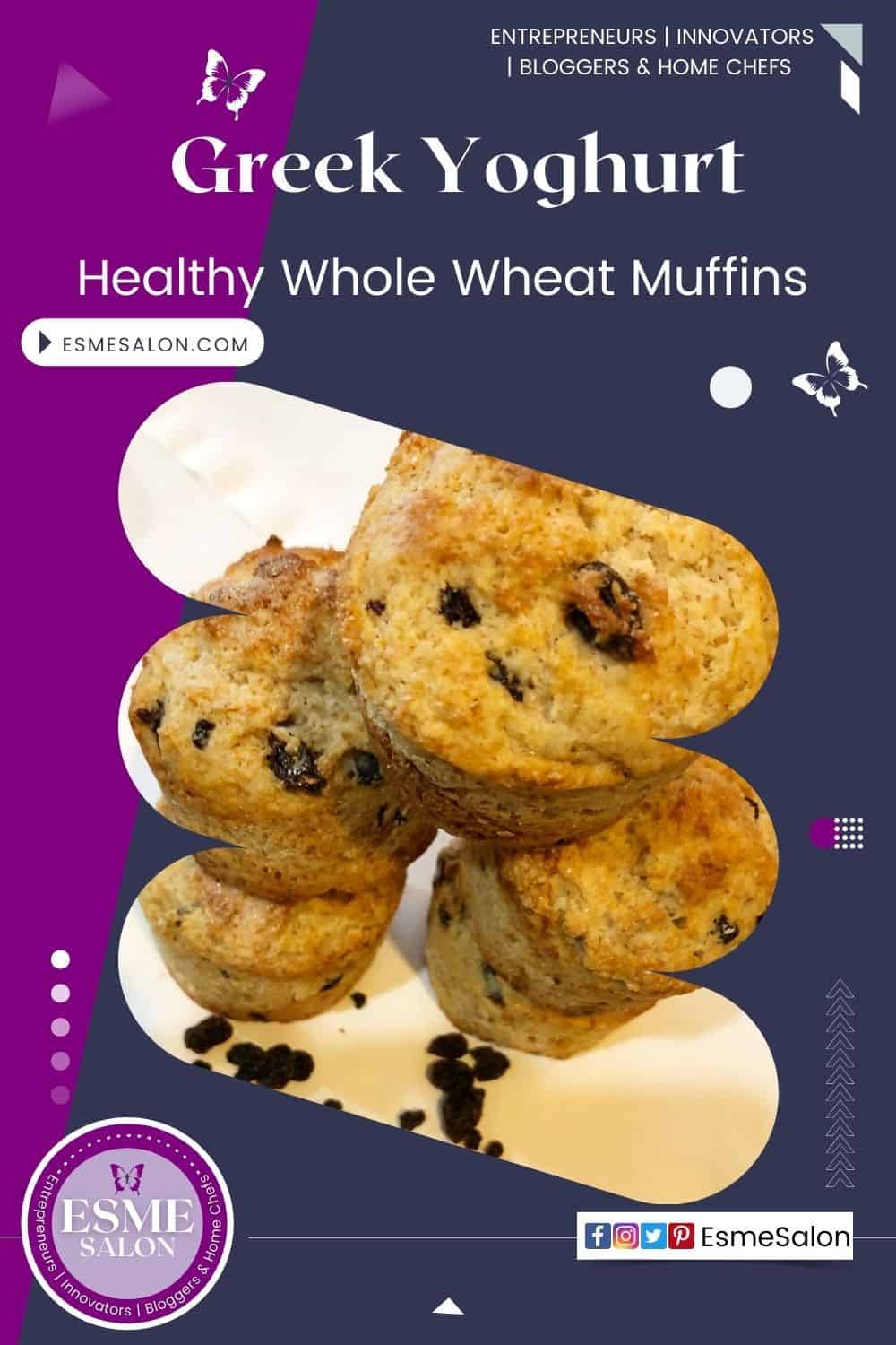 5 Fruity muffins stacked with mixed dried fruit on the side