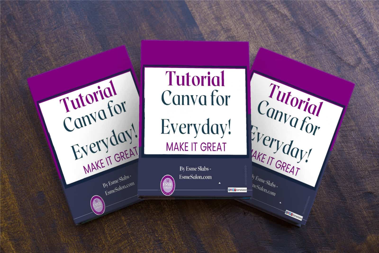 Three eBooks for Tutorial Canva for Everyday left on a brown wooden table