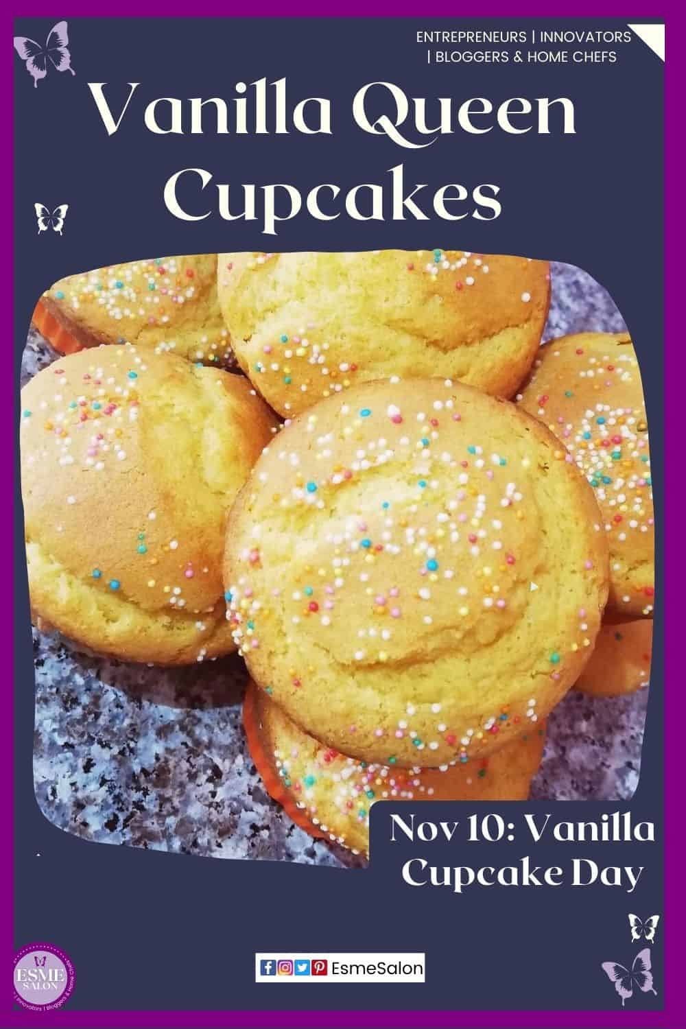 an image of vanilla cupcakes with colored sprinkles
