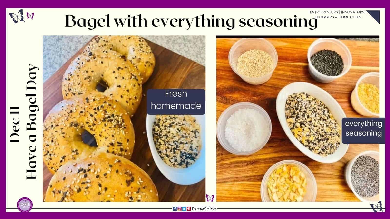 an image of everything bagel seasoning as well as baked home-made bagels with this topping