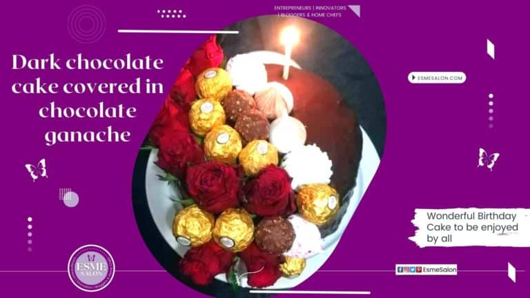 A Dark Chocolate Birthday Cake with red roses, golden wrapped Ferrero Rocher chocolates and a single burning candle