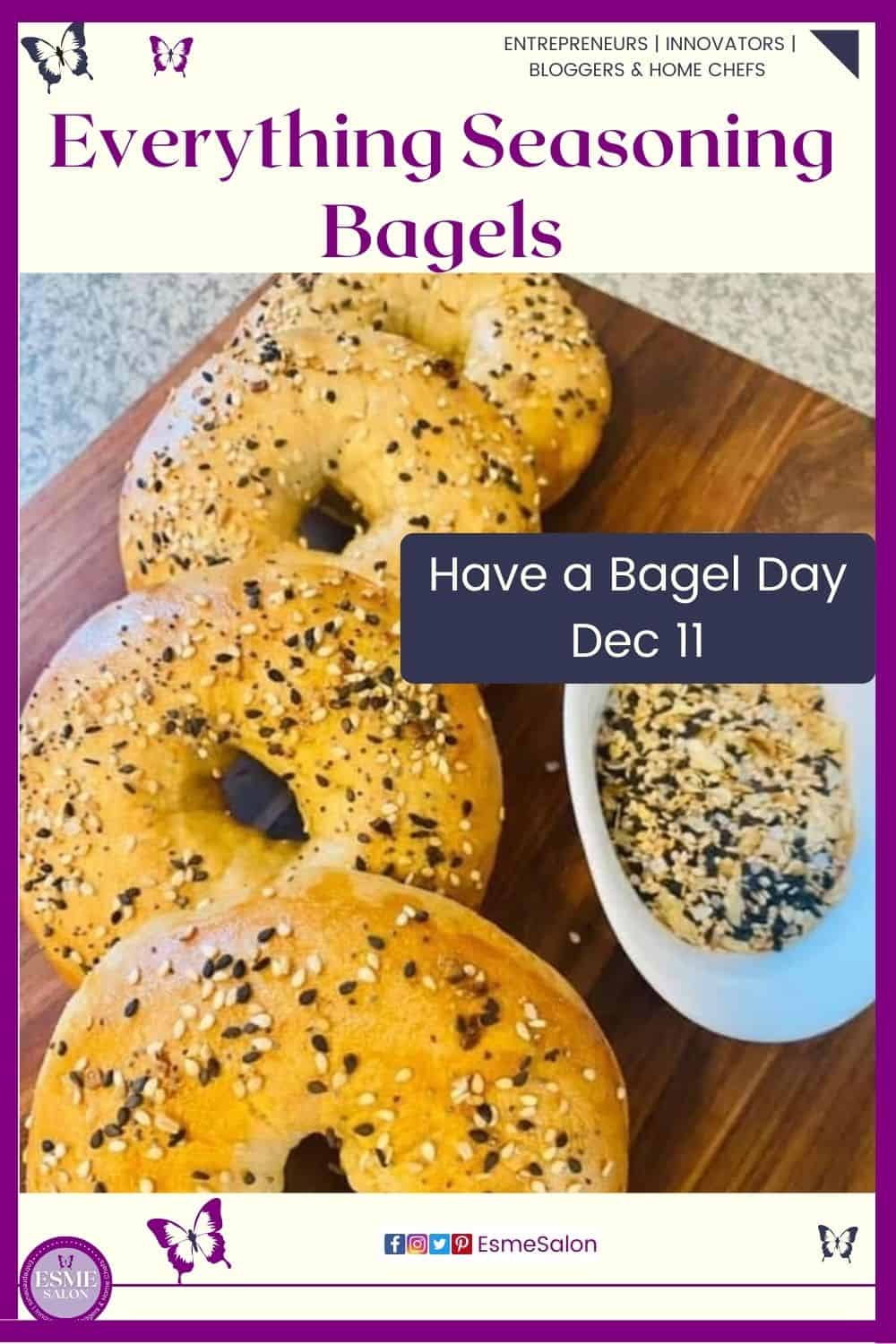an image of everything bagel seasoning as well as baked home-made bagels with this topping