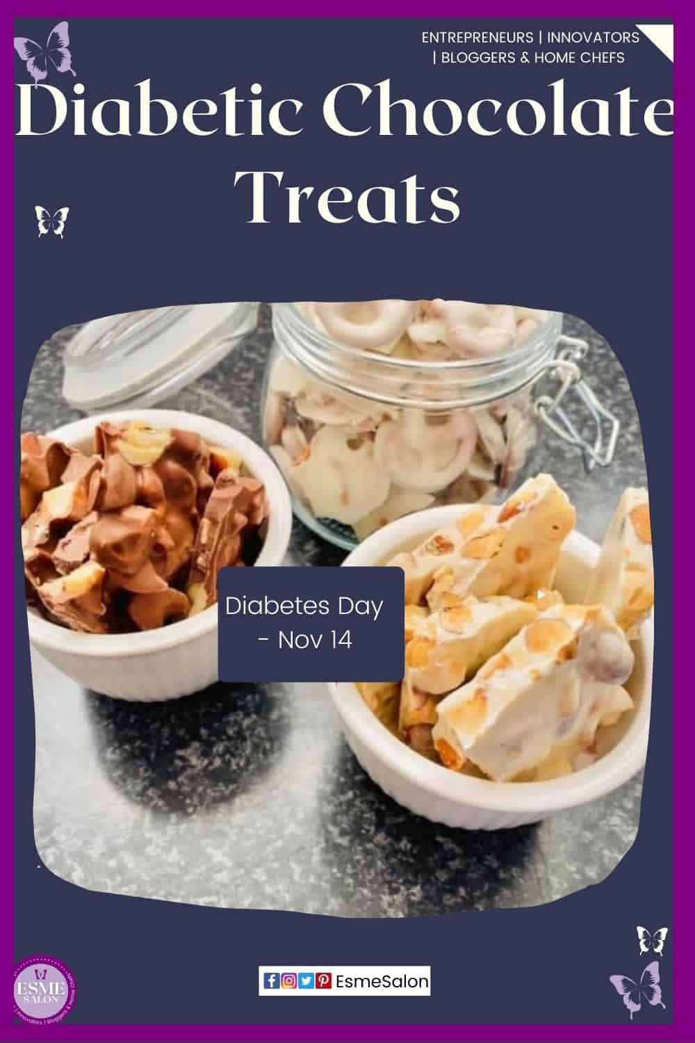 an image of 3 containers filled with Homemade Diabetic Diabetic Homemade Flipz and chocolate bark