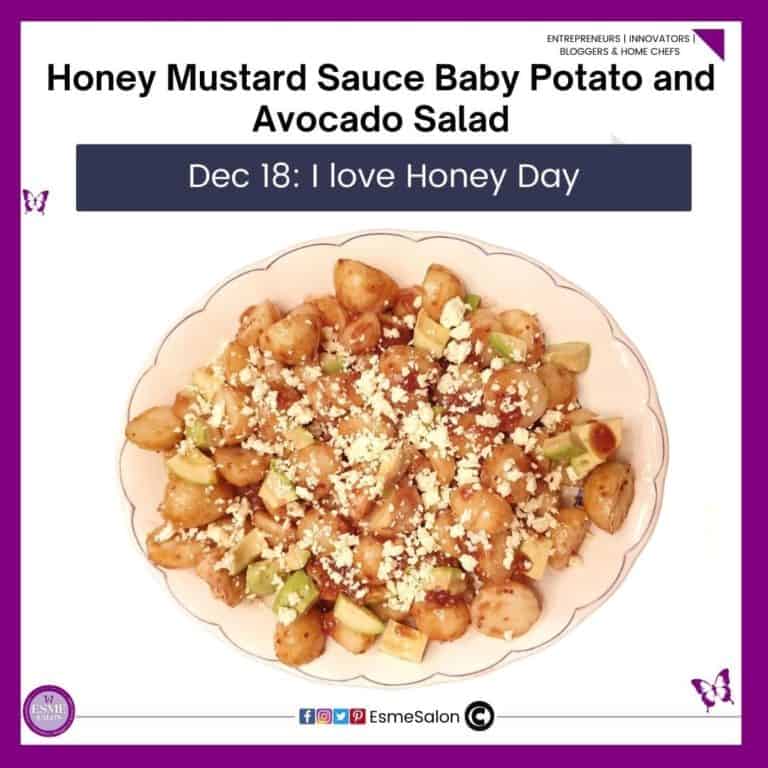 an image of a white plate with Honey Mustard Sauce Baby Potato and Avocado Salad with crumbled fetta