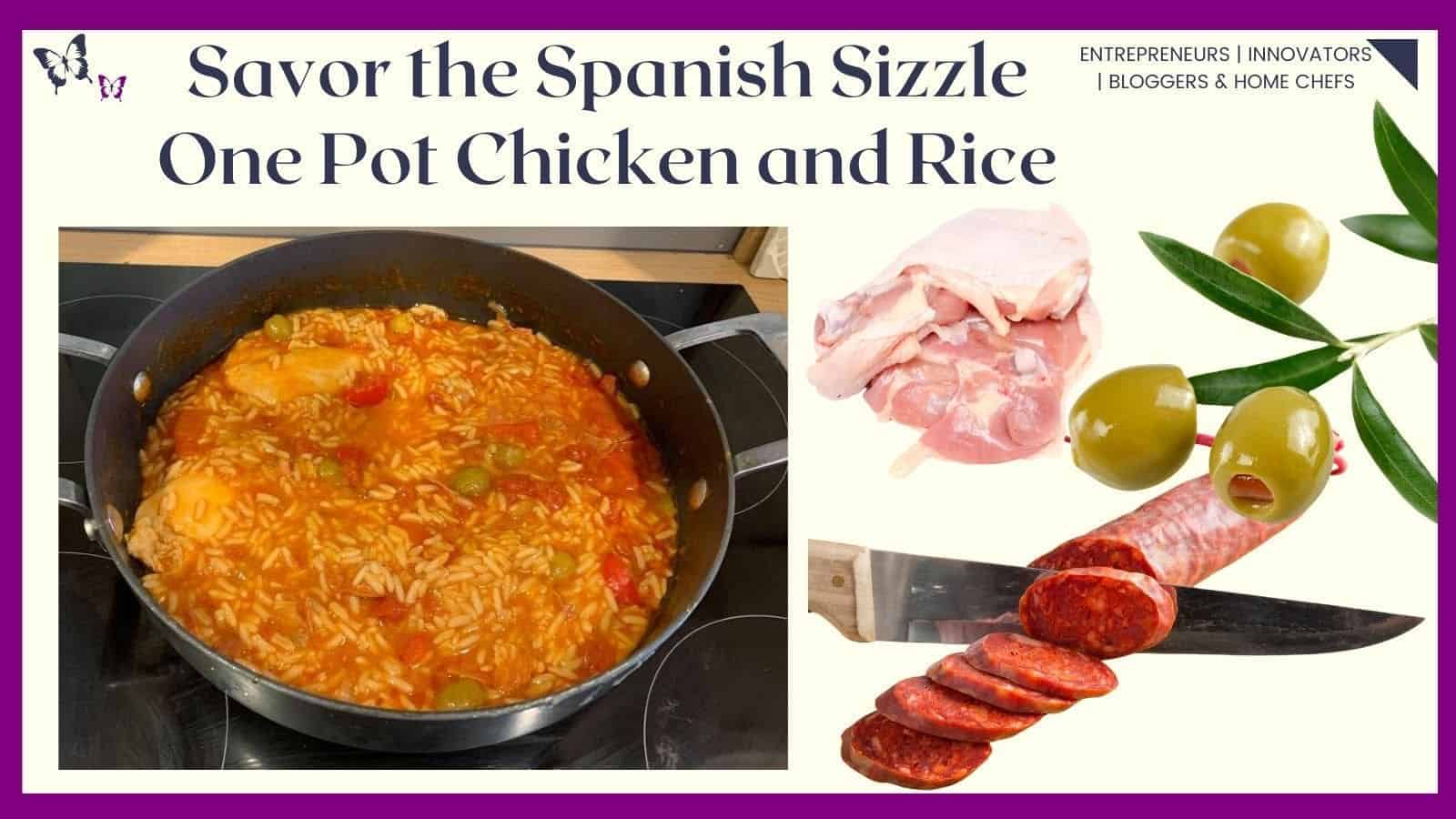 an image of a black cast-iron pan filled with One Pot Spanish Chicken and Rice
