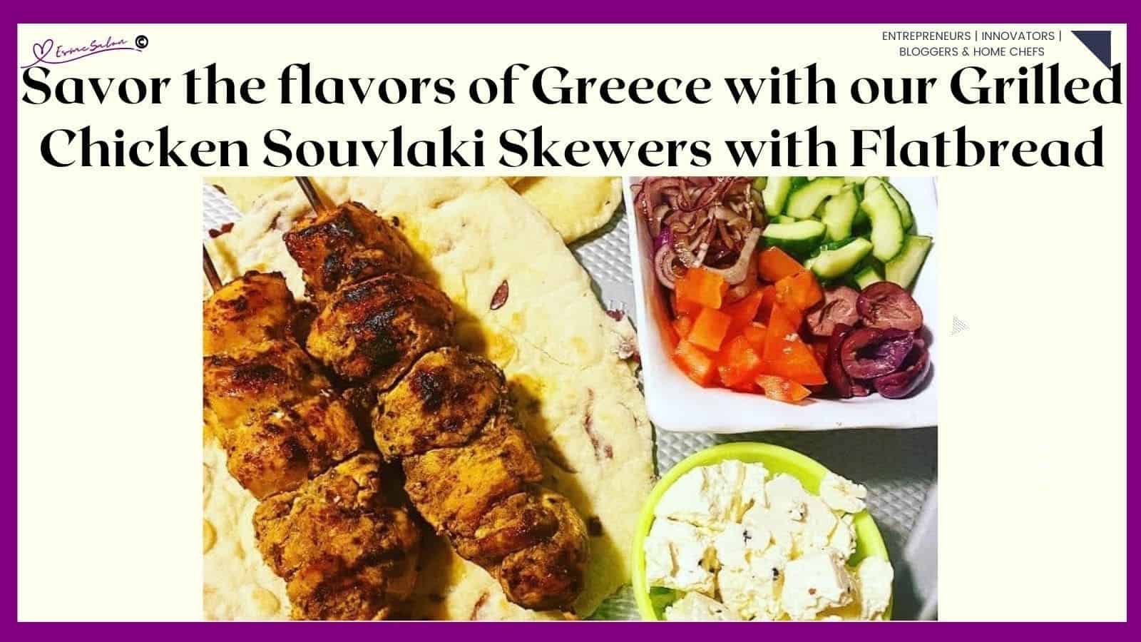 an image of two Grilled Chicken Souvlaki Skewers With Flatbread and Greek salad on the side
