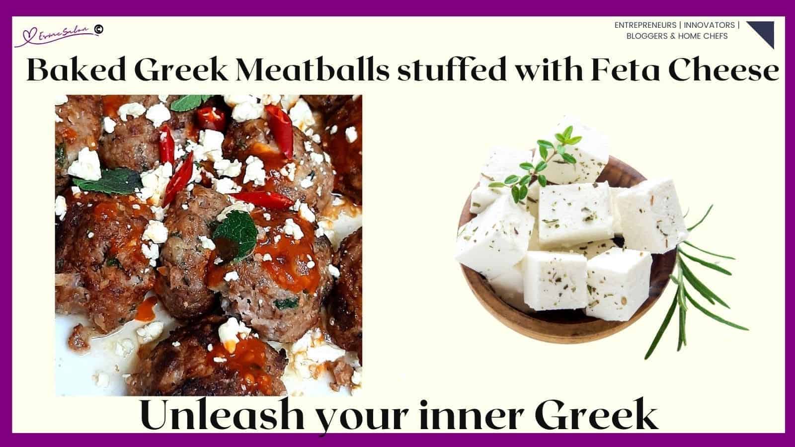 an image of a plate filled with Baked Greek Meatballs Stuffed with Feta Cheese
