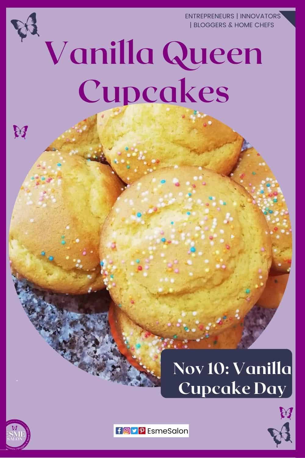 an image of vanilla cupcakes with colored sprinkles