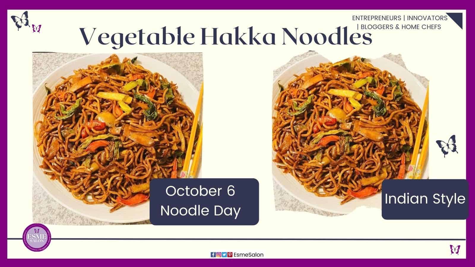 an image of a plate of Indian Style Vegetable Hakka Noodles with chopsticks