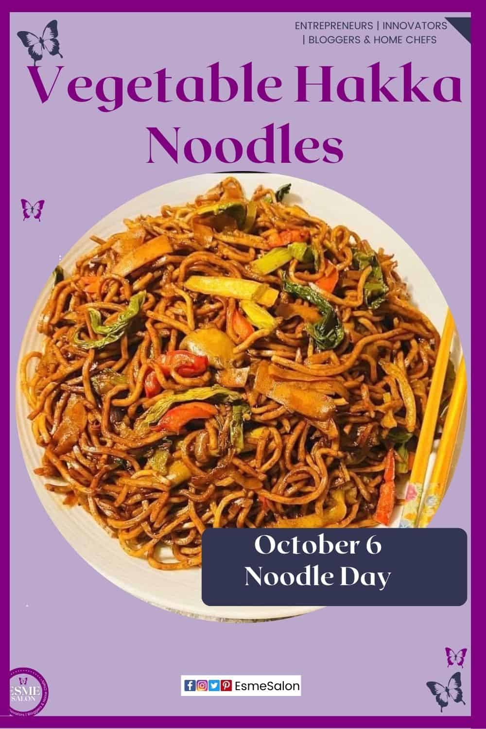 an image of a plate of Indian Style Vegetable Hakka Noodles with chopsticks