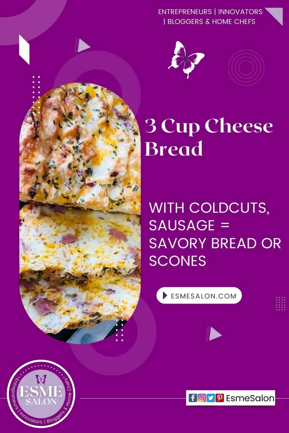 Two slices of bread next to the rest of the bread made from 3 cups of different cheese, cold meat cuts and sprinkled with parsley