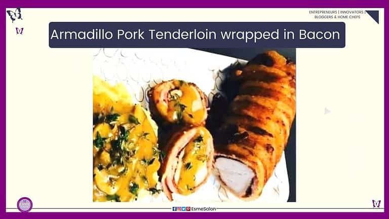 an image of a Pork Tenderloin wrapped in Bacon on a white platter sliced and served with herbed Mushroom Gravy