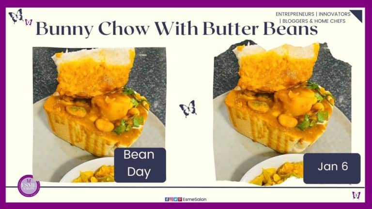 an image Bunny Chow with Butter Beans, a loaf of bread with beans mixture in the middle, SA delicacy