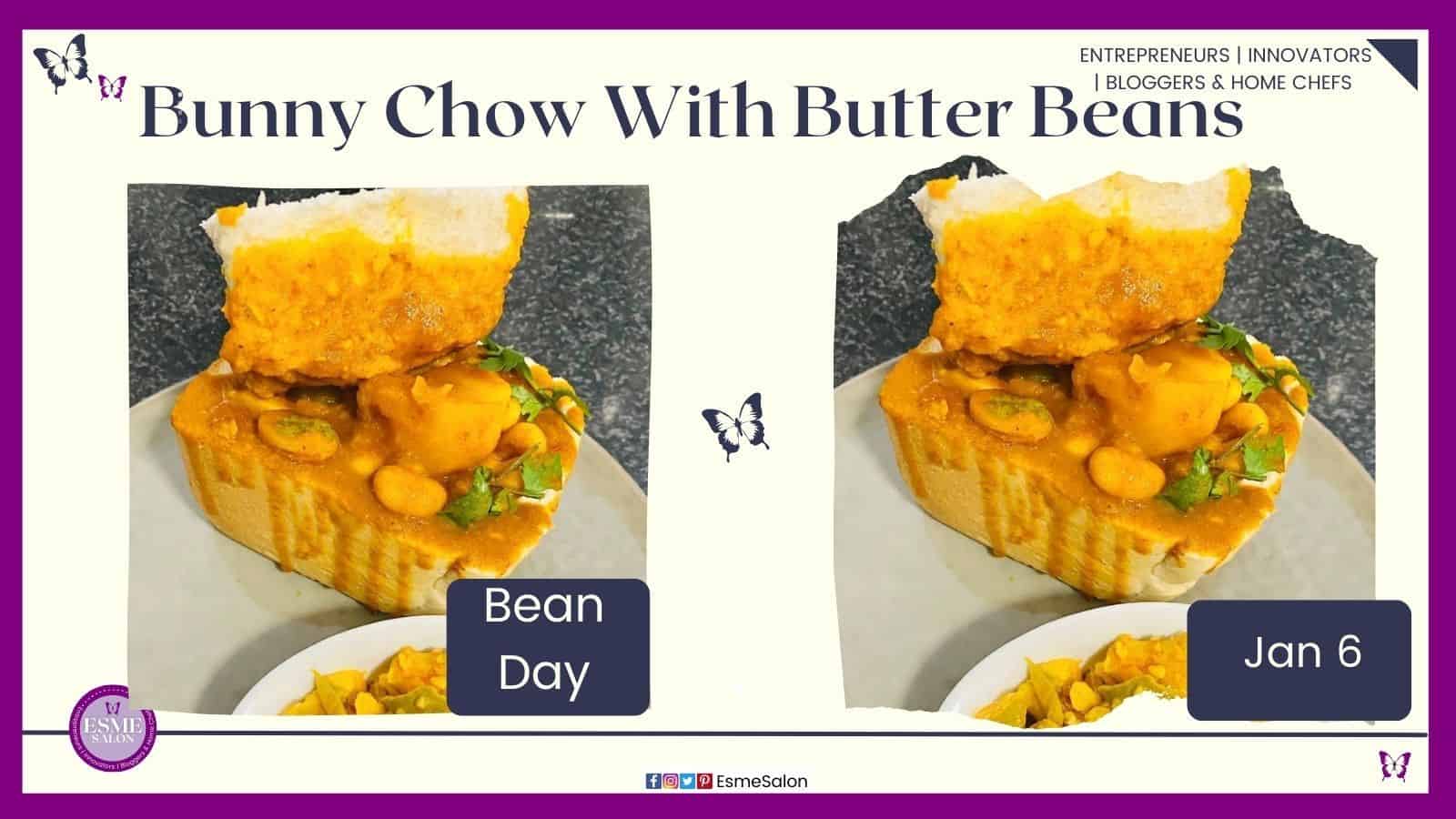 an image Bunny Chow with Butter Beans, a loaf of bread with beans mixture in the middle, SA delicacy