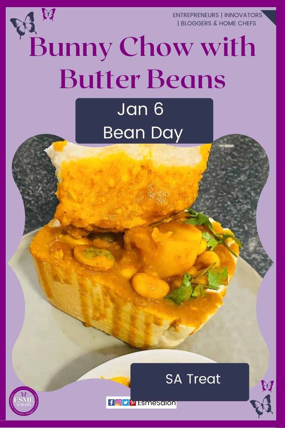 an image Bunny Chow with Butter Beans, a loaf of bread with beans mixture in the middle, SA delicacy