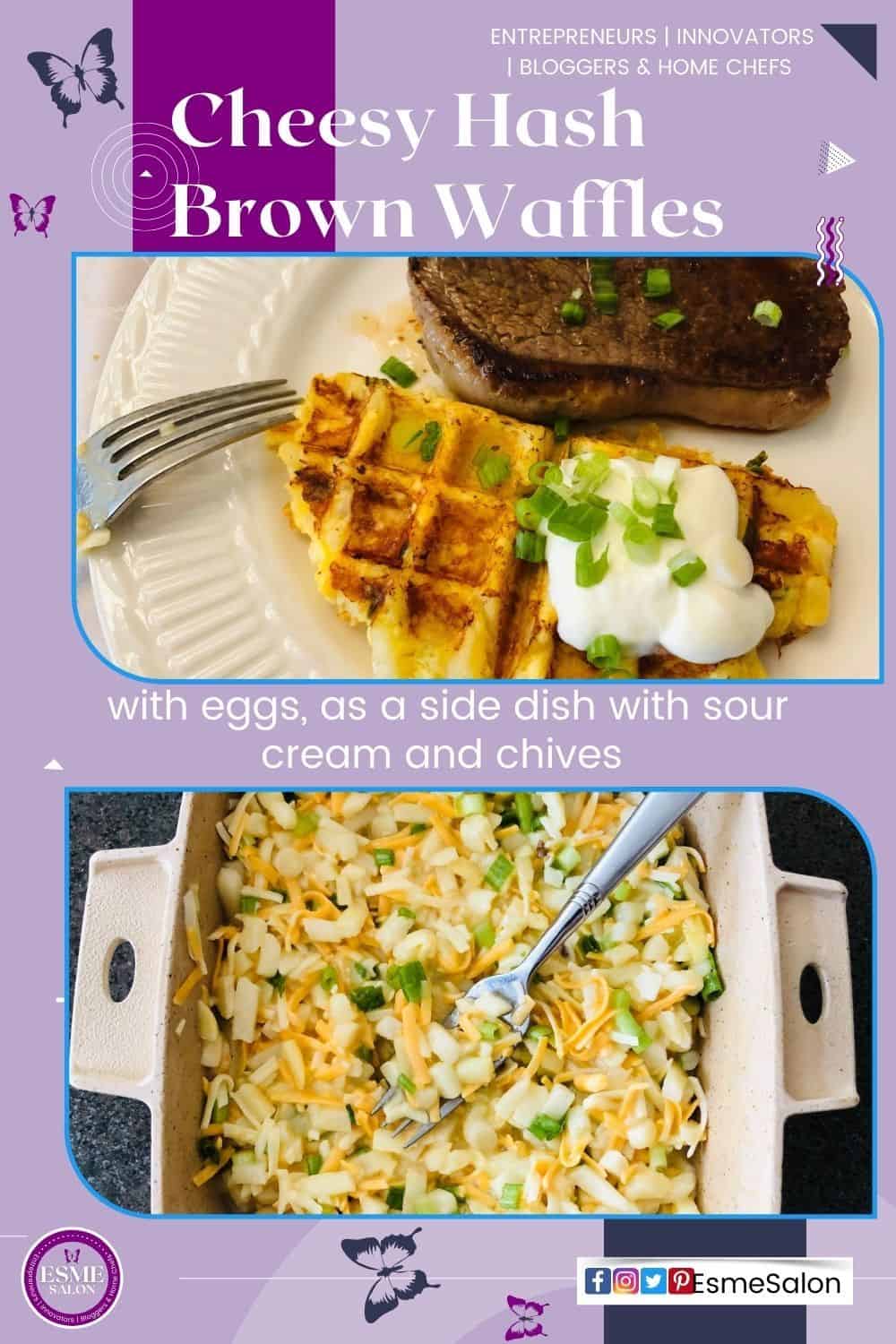 Plated Cheesy Hash Brown Waffle and a bowl with the ingredients, hash brown cubes, eggs, cheese, spring onion and cheese