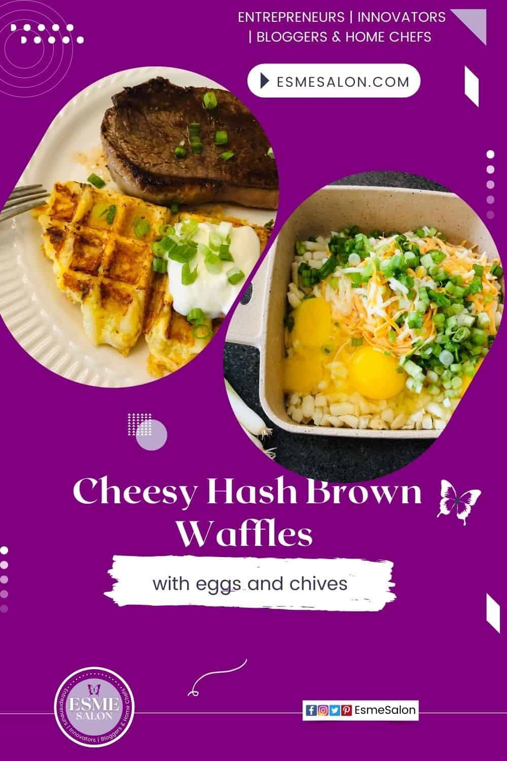 Plated Cheesy Hash Brown Waffle and a bowl with the ingredients, hash brown cubes, eggs, cheese, spring onion and cheese