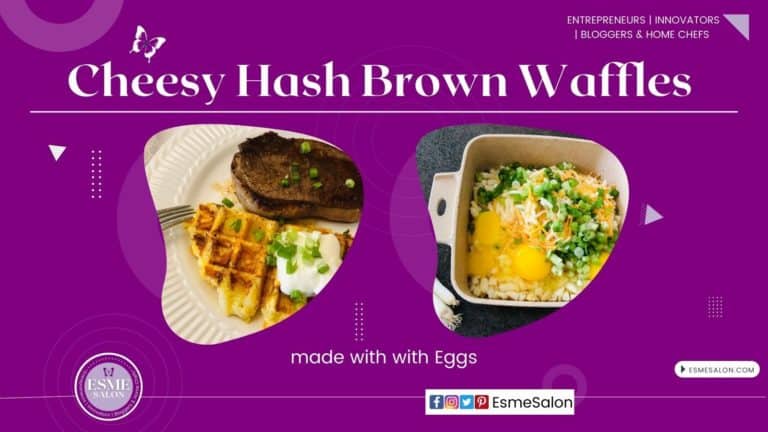 Plated Cheesy Hash Brown Waffle and a bowl with the ingredients, hash brown cubes, eggs, cheese, spring onion and cheese