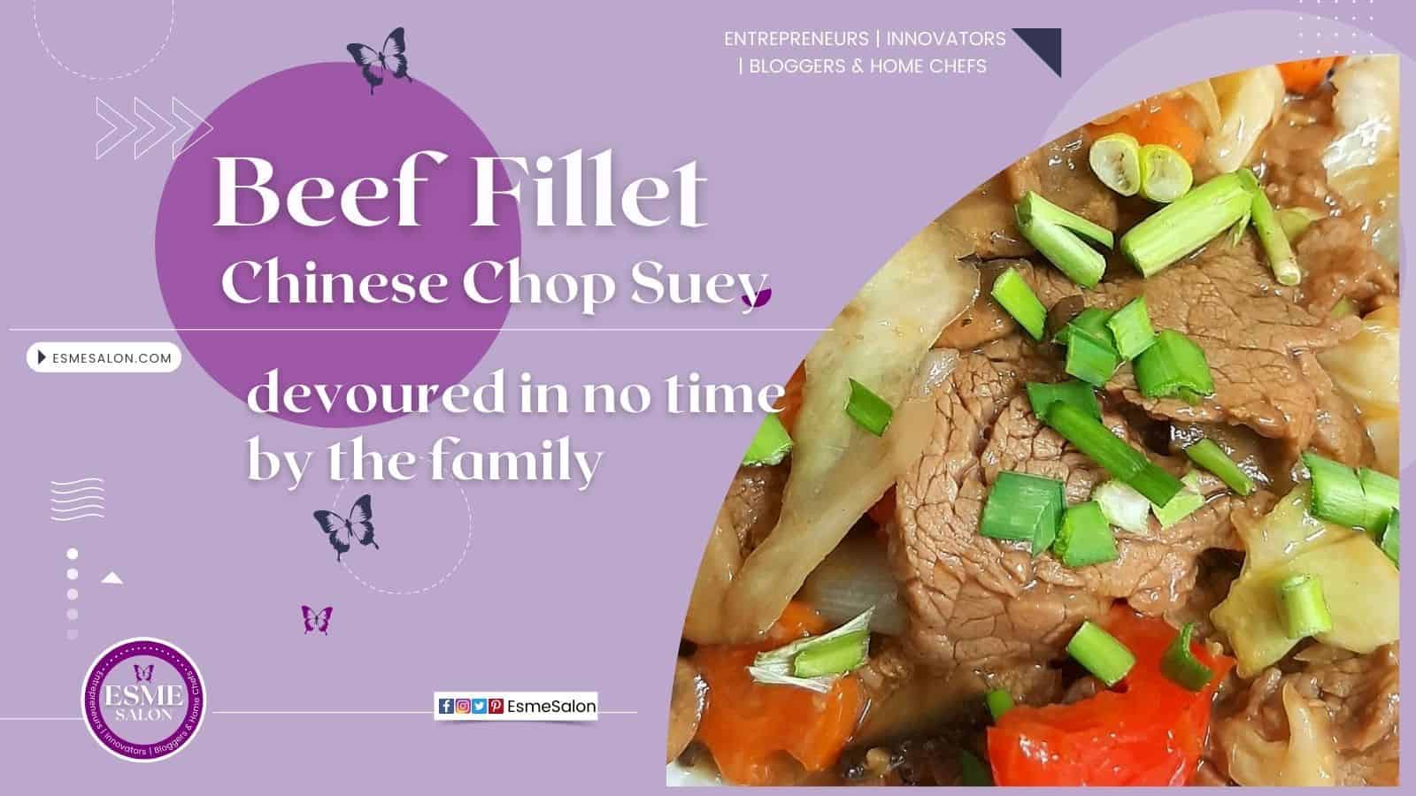 Plated Chop Suey Chinese Beef Fillet with green onions and veggies