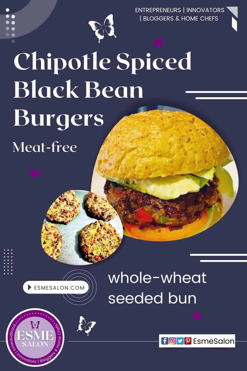 A meat-free burger on a whole-wheat seeded bun and 4 meat-free patties on a silver metal tray