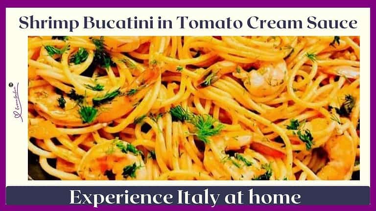 an image of a bowl filled with Shrimp Bucatini in Tomato Cream Sauce