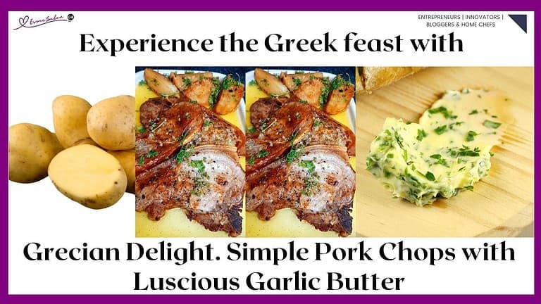 an image of baked Grecian Pork Chops with Melted Garlic Butter with potato and parsley