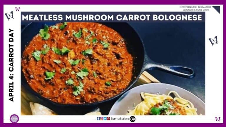 an image of a black metal pan with a Meatless Mushroom Carrots Bolognese dish and a plate with pasta and the Bolognese on top