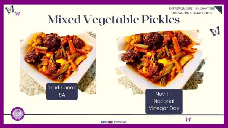 an image of a white square plate filled with Mixed Vegetable Pickles
