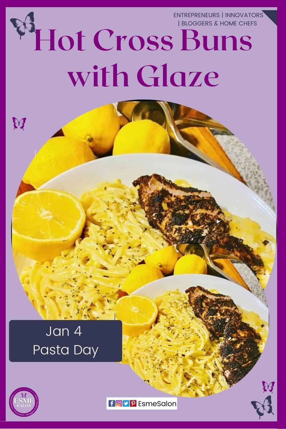 an image of a plate with pasta in lemon sauce and sliced chicken on the side