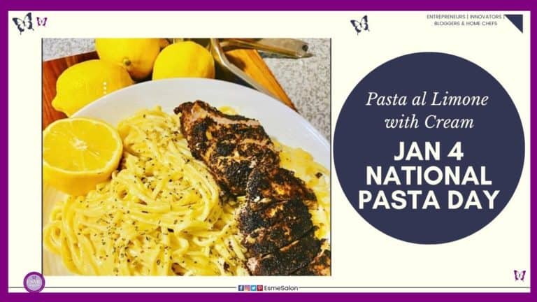 an image of a plate with pasta in lemon sauce and sliced chicken on the side